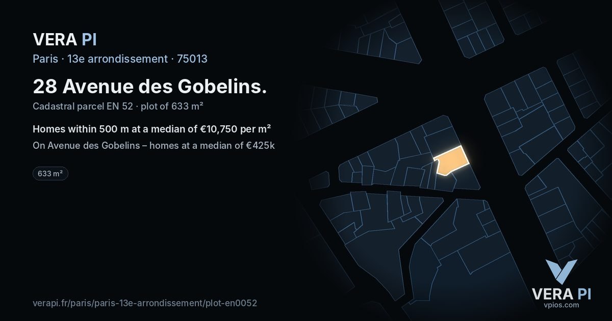 28 Avenue des Gobelins, 13e arrondissement at night – the plot lit, the parcels around coloured by the prices near them