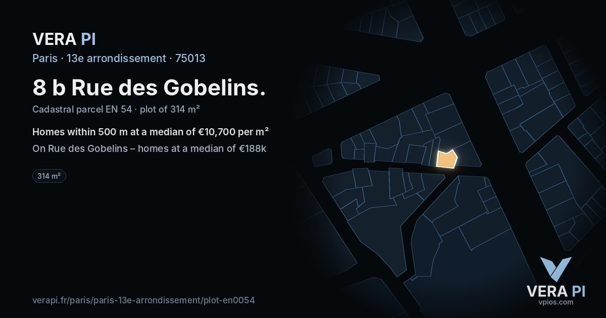 8 b Rue des Gobelins, 13e arrondissement at night – the plot lit, the parcels around coloured by the prices near them