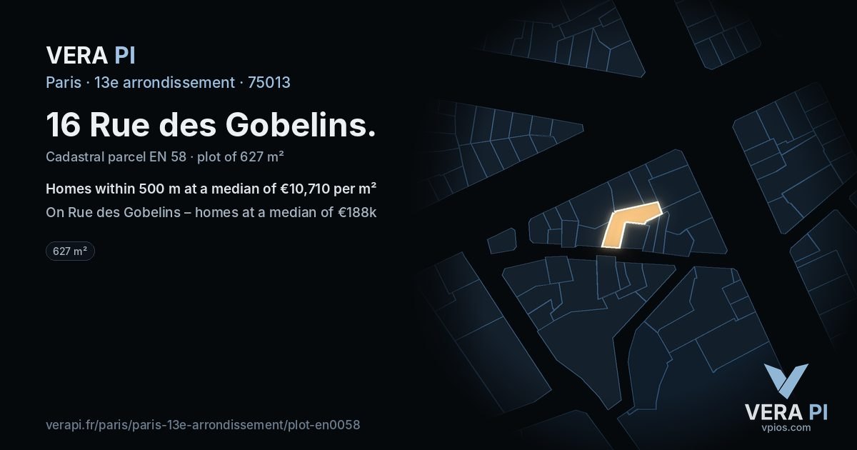 16 Rue des Gobelins, 13e arrondissement at night – the plot lit, the parcels around coloured by the prices near them