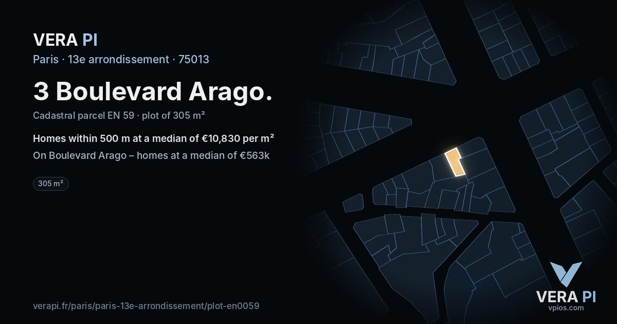 3 Boulevard Arago, 13e arrondissement at night – the plot lit, the parcels around coloured by the prices near them