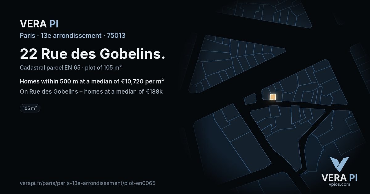 22 Rue des Gobelins, 13e arrondissement at night – the plot lit, the parcels around coloured by the prices near them