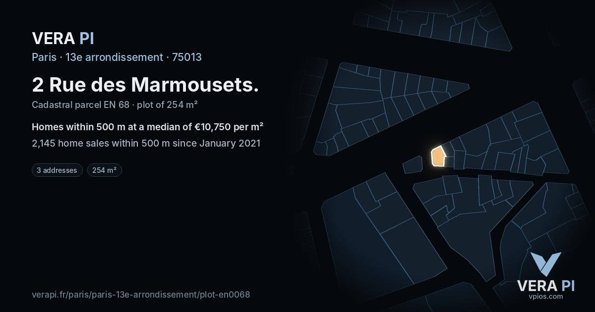 2 Rue des Marmousets, 13e arrondissement at night – the plot lit, the parcels around coloured by the prices near them