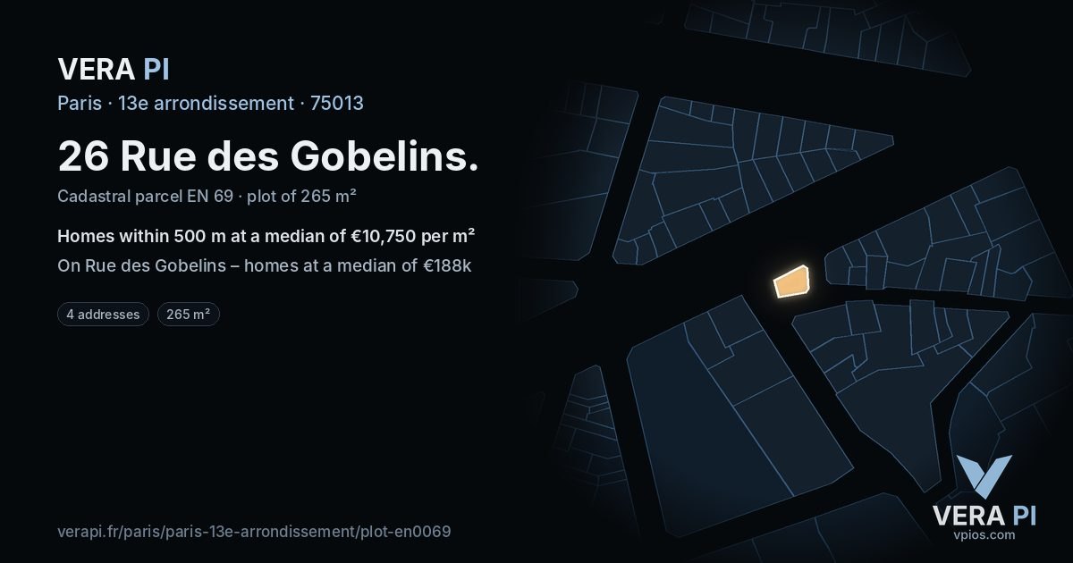 26 Rue des Gobelins, 13e arrondissement at night – the plot lit, the parcels around coloured by the prices near them