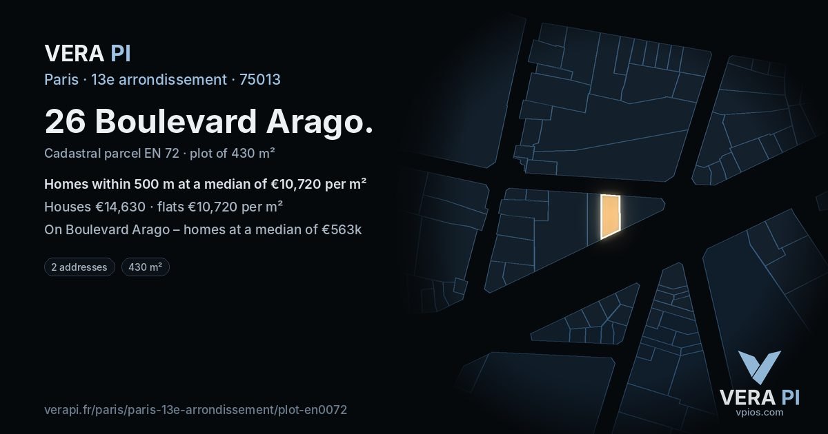 26 Boulevard Arago, 13e arrondissement at night – the plot lit, the parcels around coloured by the prices near them