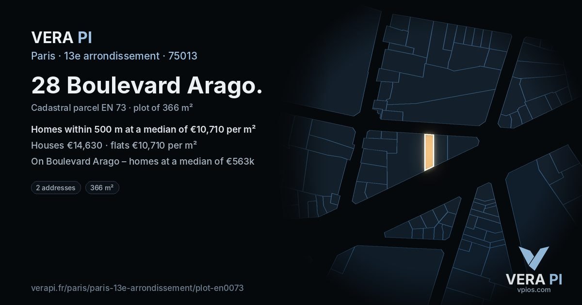 28 Boulevard Arago, 13e arrondissement at night – the plot lit, the parcels around coloured by the prices near them
