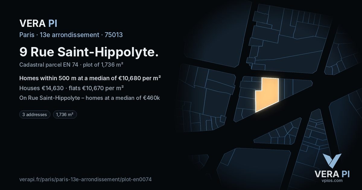9 Rue Saint-Hippolyte, 13e arrondissement at night – the plot lit, the parcels around coloured by the prices near them
