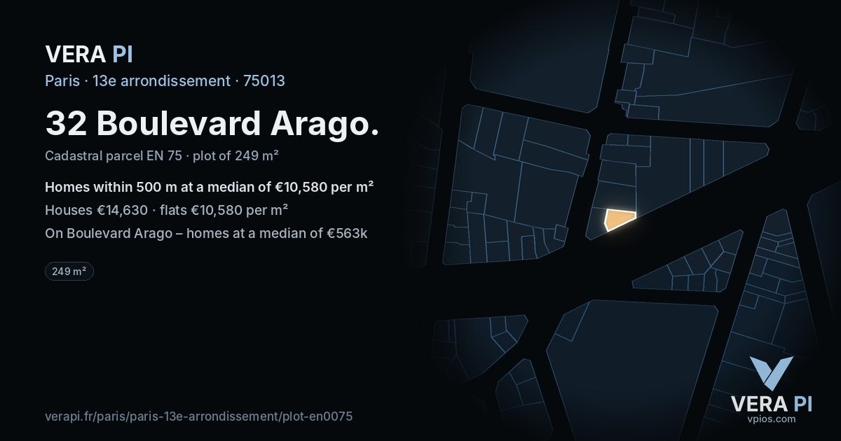32 Boulevard Arago, 13e arrondissement at night – the plot lit, the parcels around coloured by the prices near them