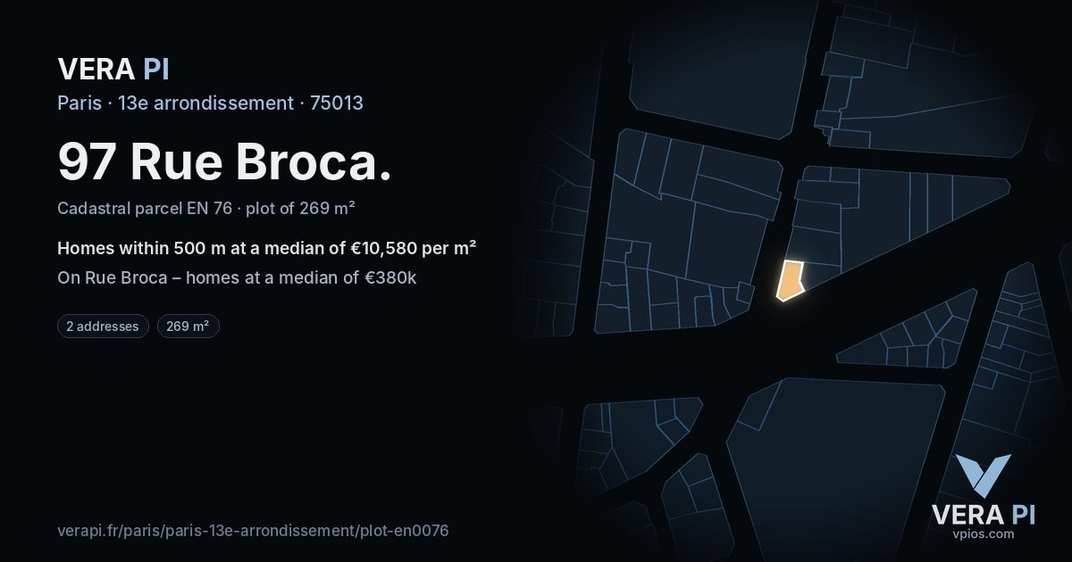 97 Rue Broca, 13e arrondissement at night – the plot lit, the parcels around coloured by the prices near them