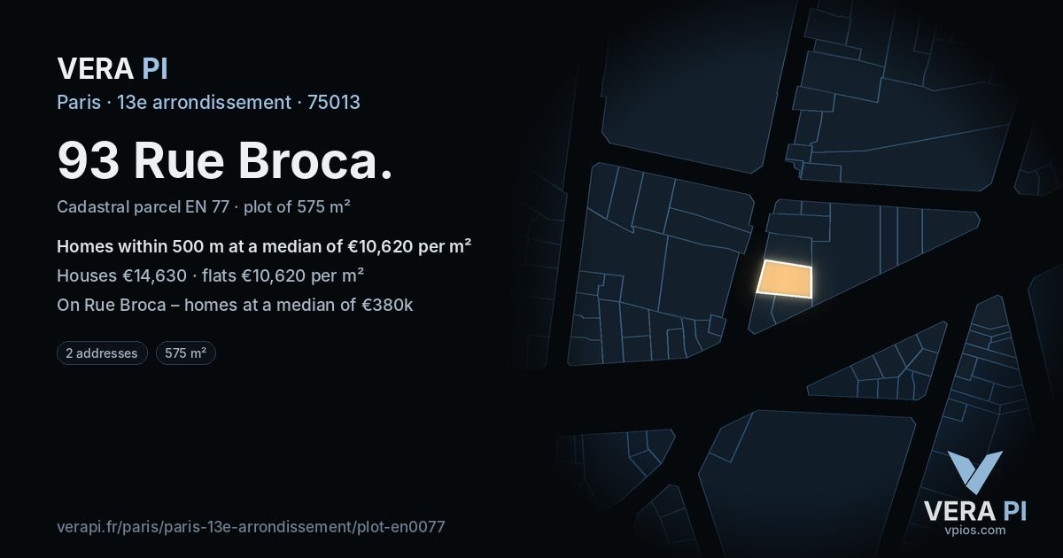 93 Rue Broca, 13e arrondissement at night – the plot lit, the parcels around coloured by the prices near them