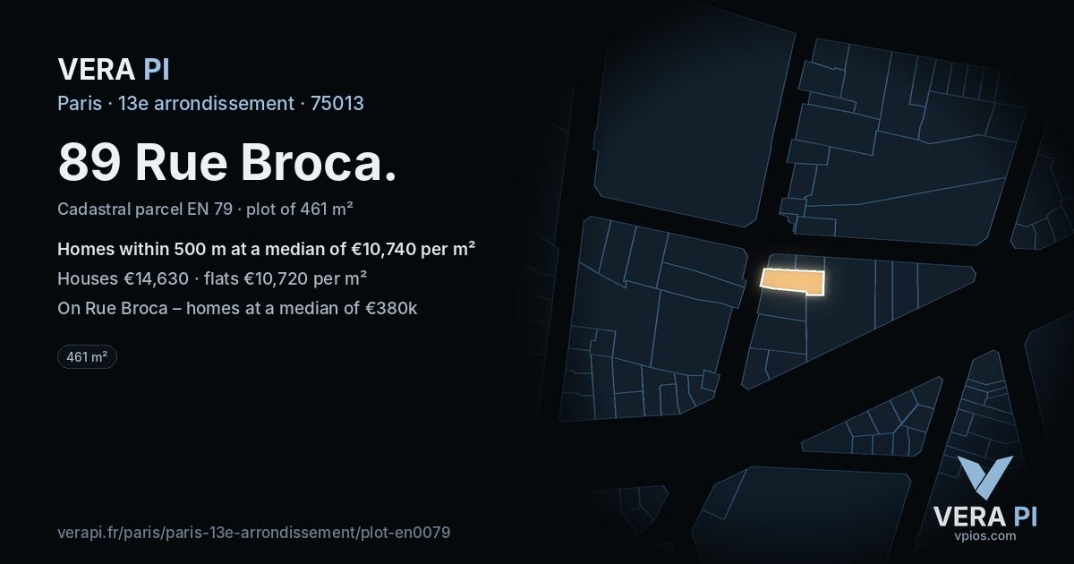 89 Rue Broca, 13e arrondissement at night – the plot lit, the parcels around coloured by the prices near them