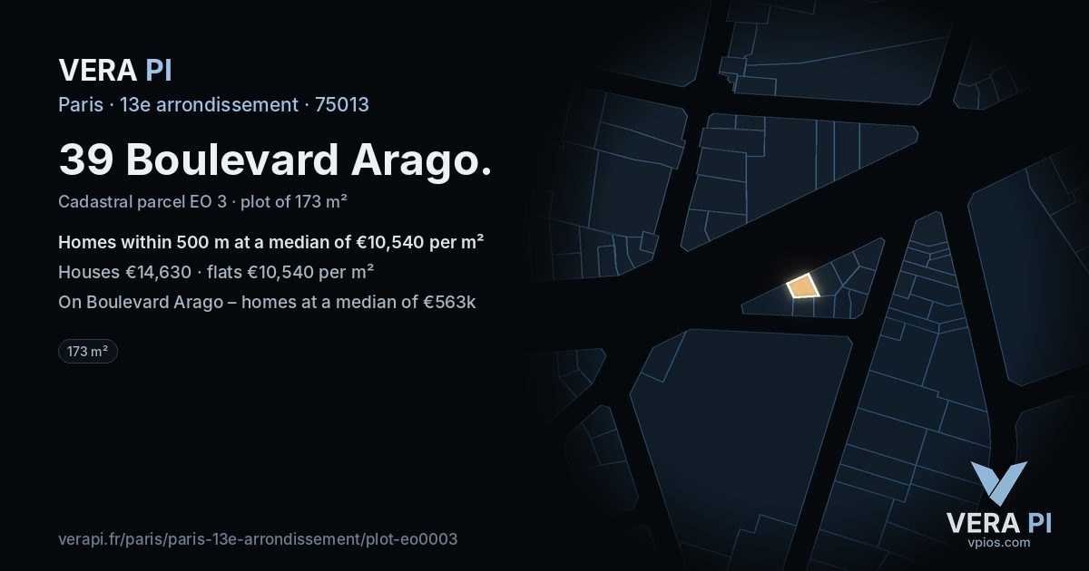 39 Boulevard Arago, 13e arrondissement at night – the plot lit, the parcels around coloured by the prices near them