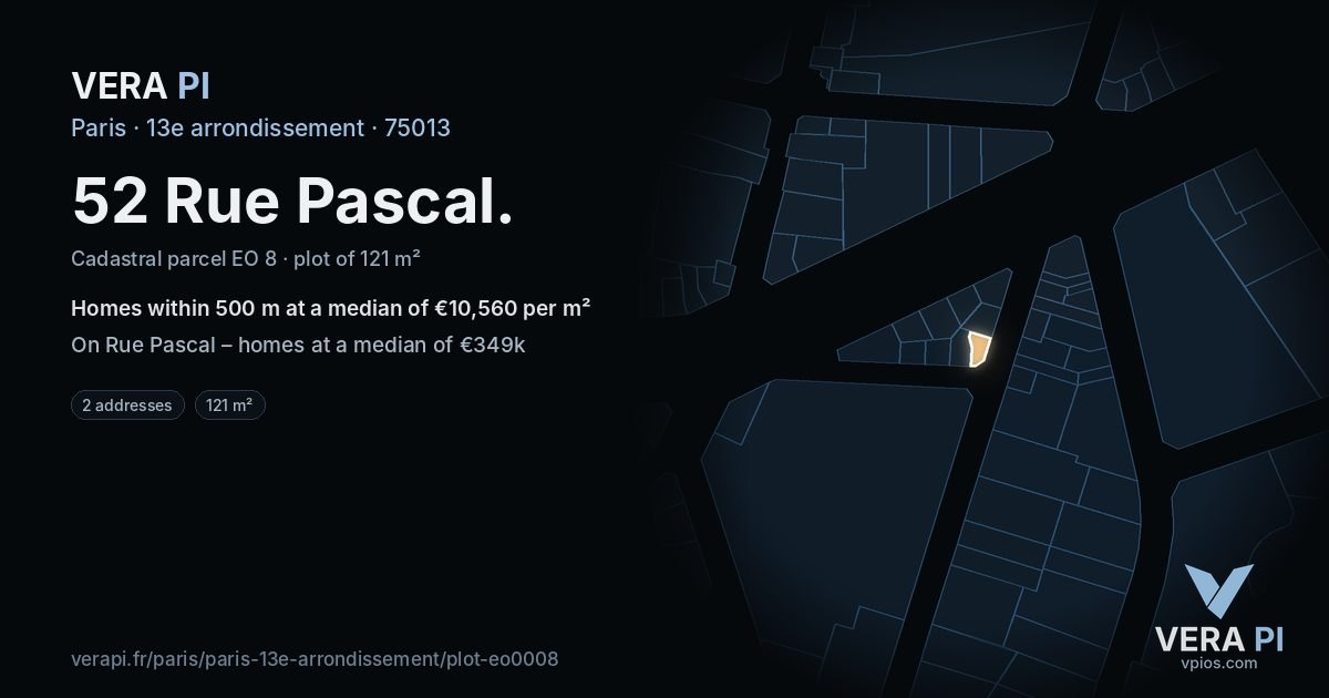 52 Rue Pascal, 13e arrondissement at night – the plot lit, the parcels around coloured by the prices near them