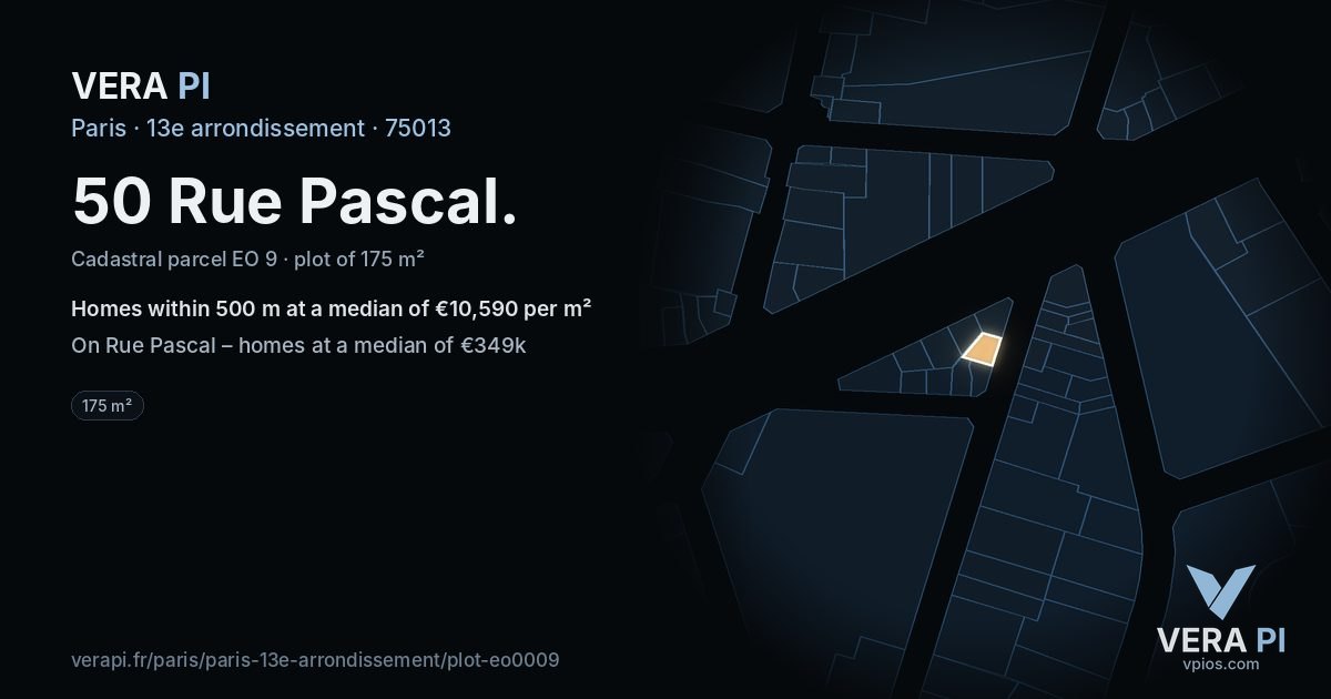50 Rue Pascal, 13e arrondissement at night – the plot lit, the parcels around coloured by the prices near them
