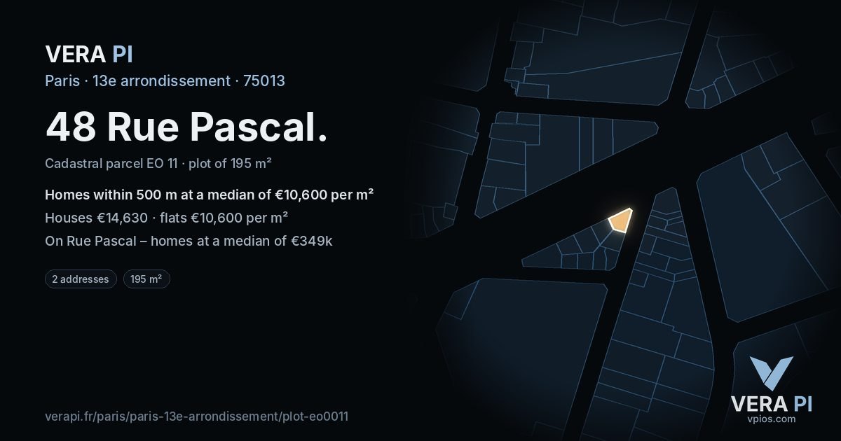48 Rue Pascal, 13e arrondissement at night – the plot lit, the parcels around coloured by the prices near them