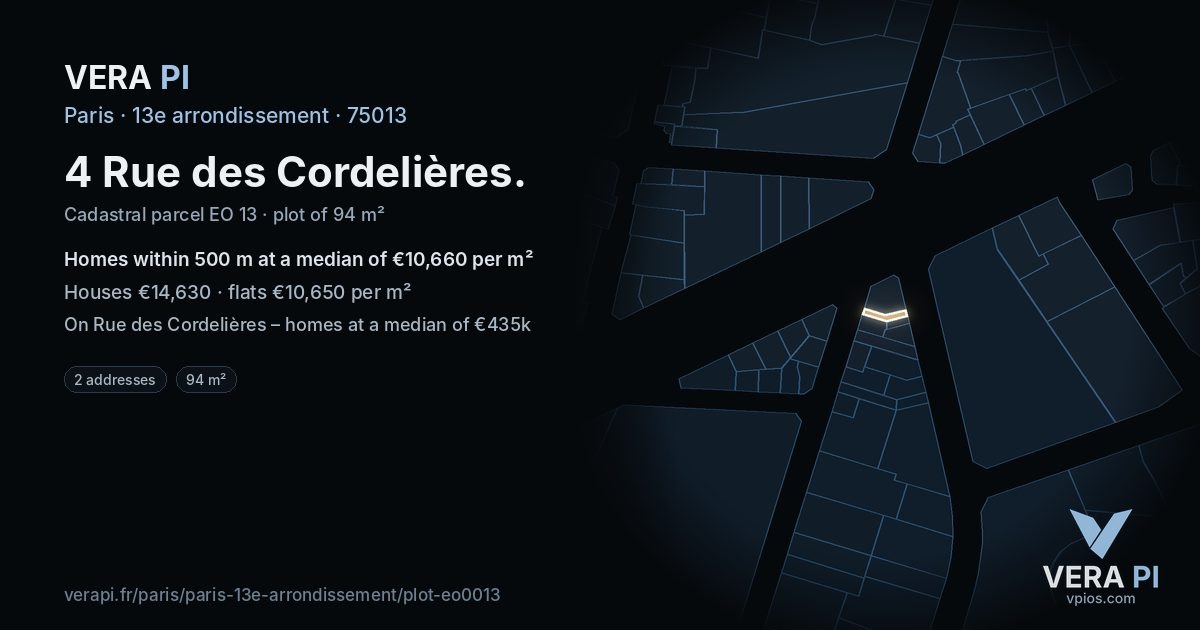 4 Rue des Cordelières, 13e arrondissement at night – the plot lit, the parcels around coloured by the prices near them