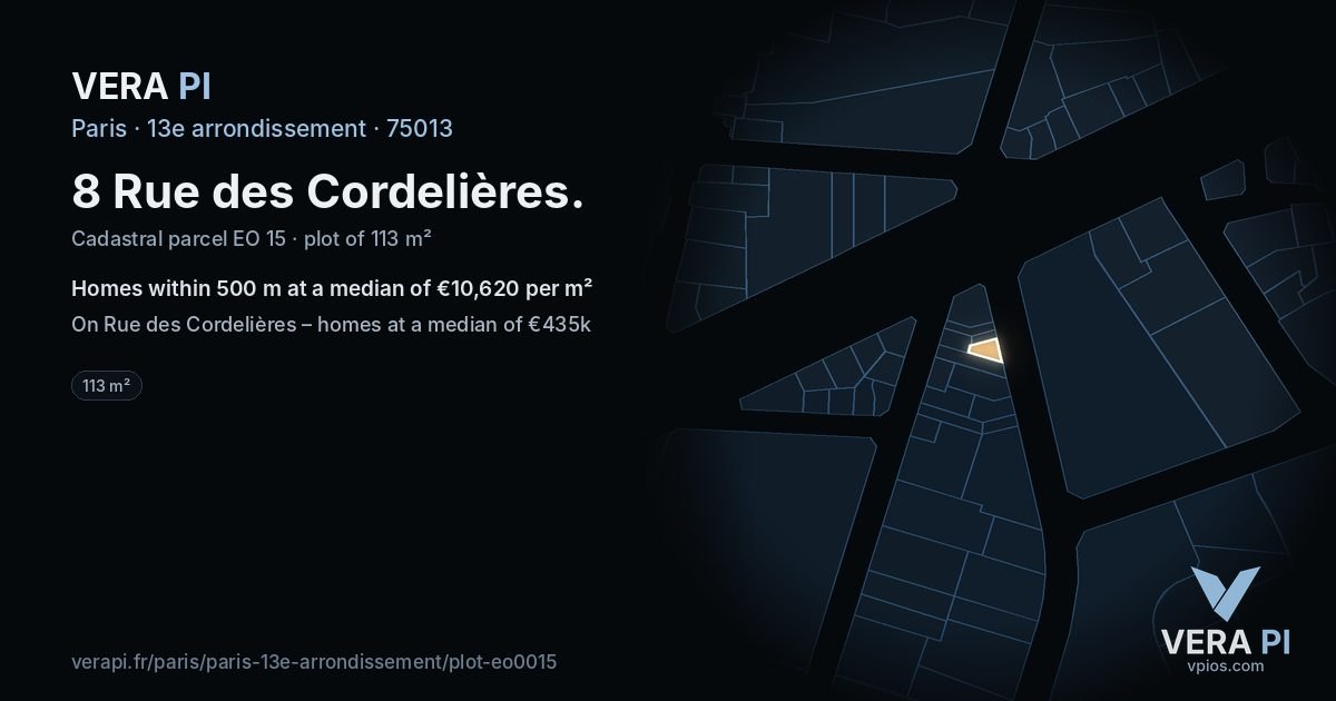 8 Rue des Cordelières, 13e arrondissement at night – the plot lit, the parcels around coloured by the prices near them
