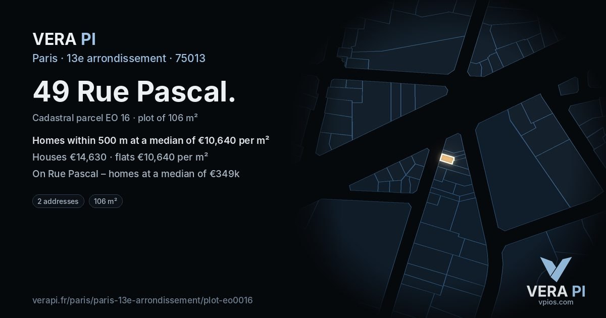 49 Rue Pascal, 13e arrondissement at night – the plot lit, the parcels around coloured by the prices near them