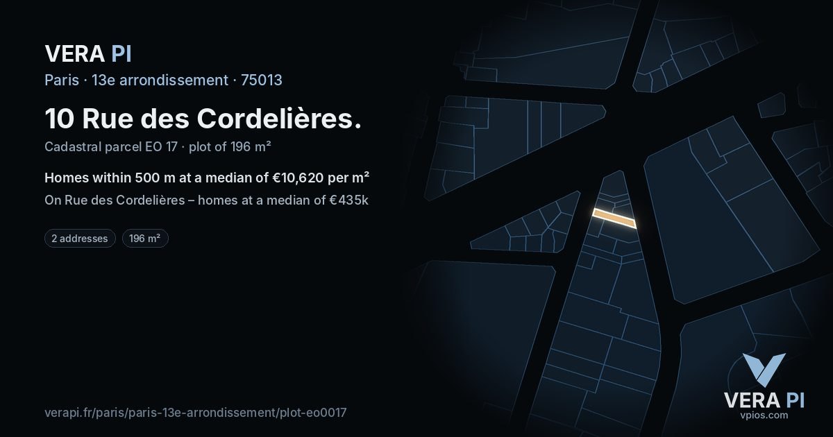 10 Rue des Cordelières, 13e arrondissement at night – the plot lit, the parcels around coloured by the prices near them