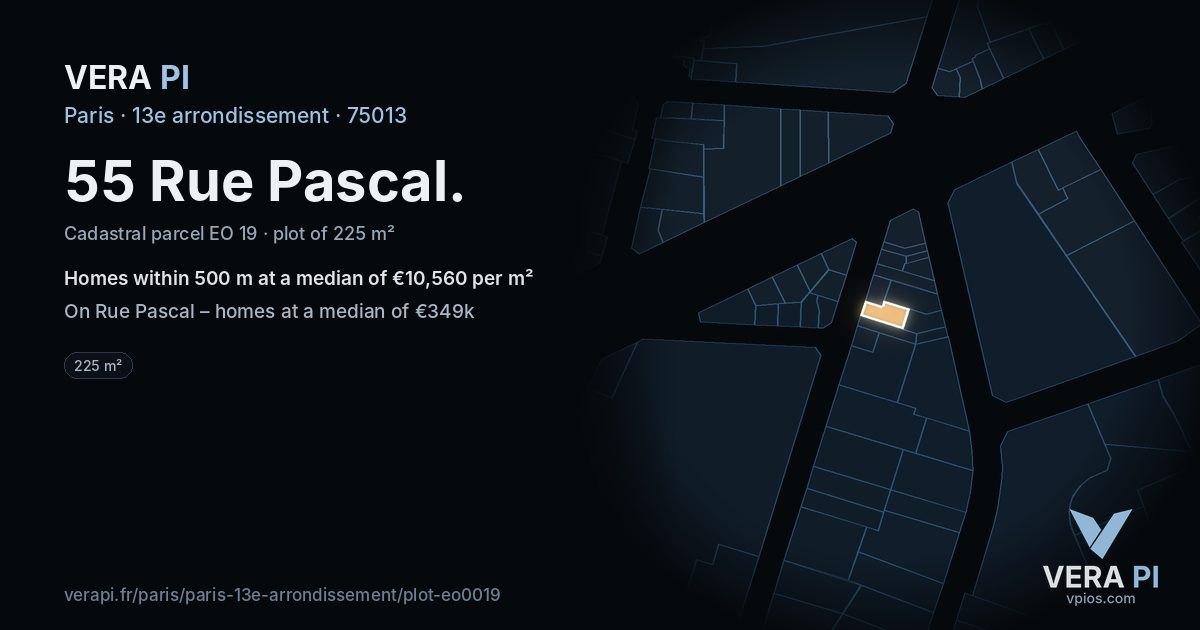55 Rue Pascal, 13e arrondissement at night – the plot lit, the parcels around coloured by the prices near them