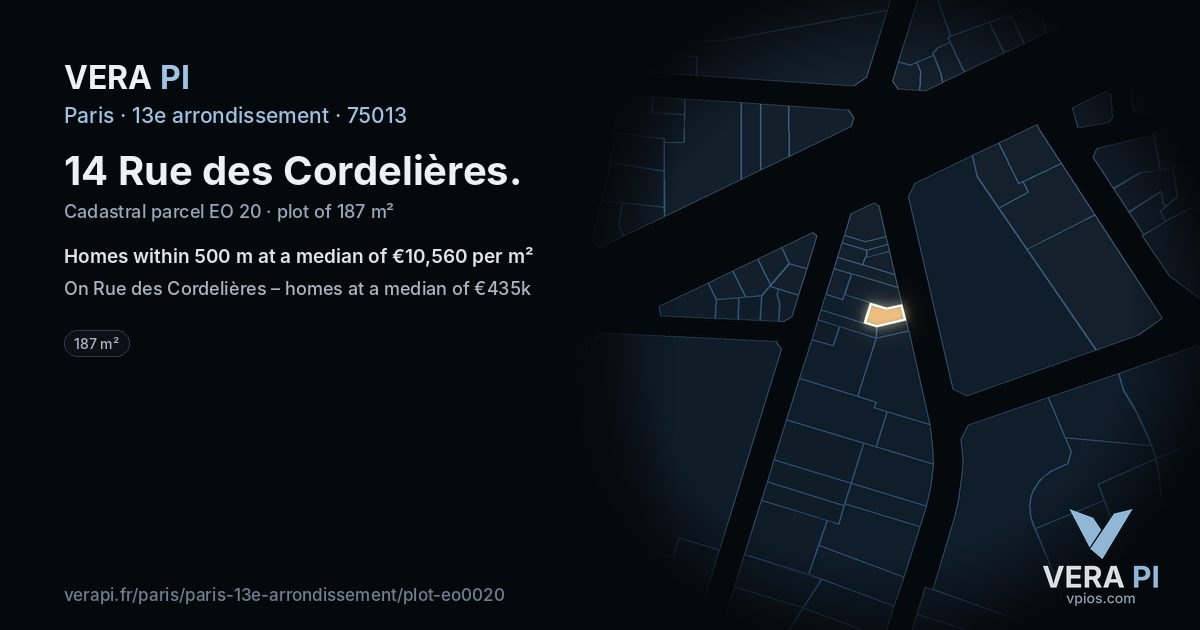 14 Rue des Cordelières, 13e arrondissement at night – the plot lit, the parcels around coloured by the prices near them