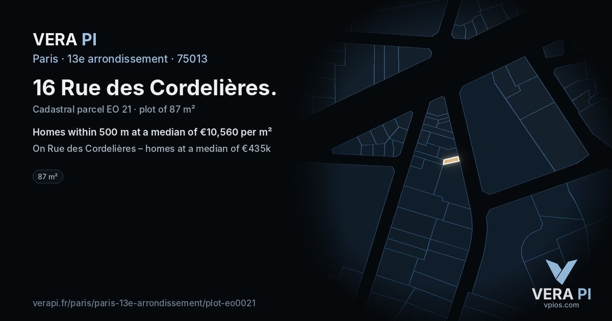 16 Rue des Cordelières, 13e arrondissement at night – the plot lit, the parcels around coloured by the prices near them
