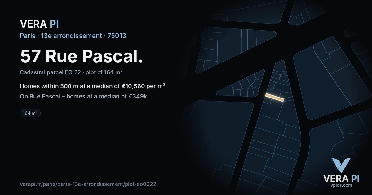 57 Rue Pascal, 13e arrondissement at night – the plot lit, the parcels around coloured by the prices near them