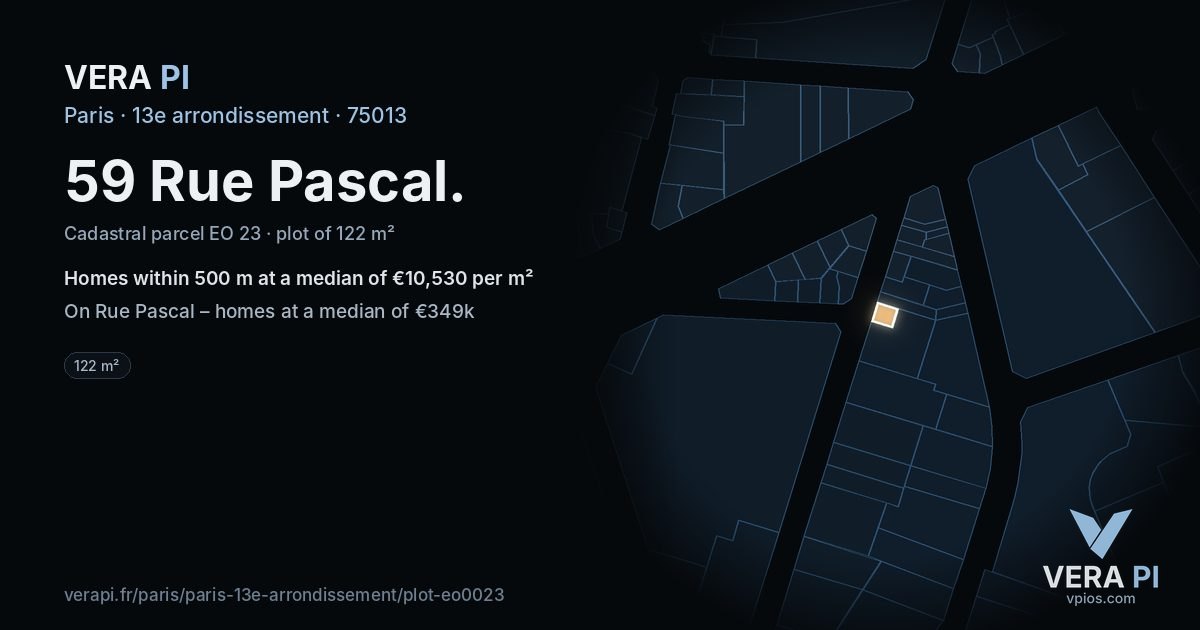 59 Rue Pascal, 13e arrondissement at night – the plot lit, the parcels around coloured by the prices near them