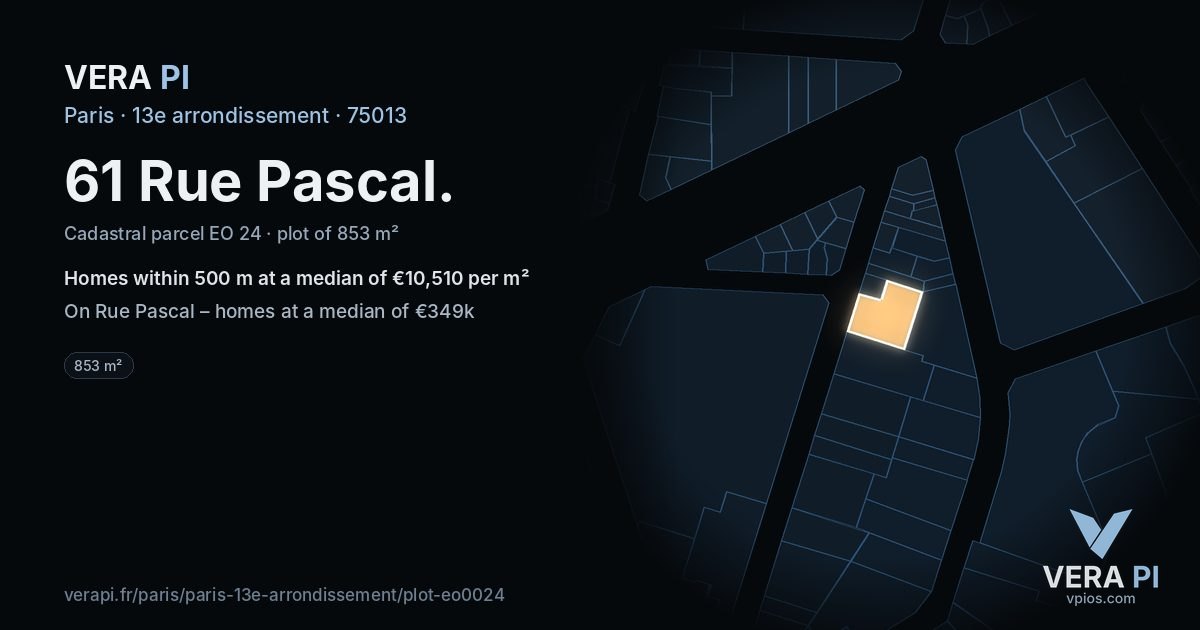 61 Rue Pascal, 13e arrondissement at night – the plot lit, the parcels around coloured by the prices near them