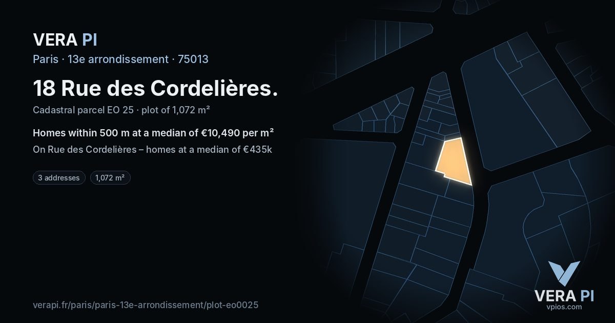 18 Rue des Cordelières, 13e arrondissement at night – the plot lit, the parcels around coloured by the prices near them