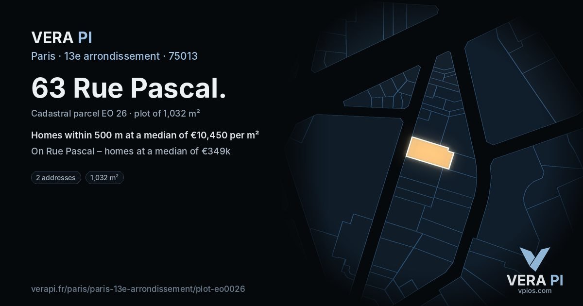 63 Rue Pascal, 13e arrondissement at night – the plot lit, the parcels around coloured by the prices near them