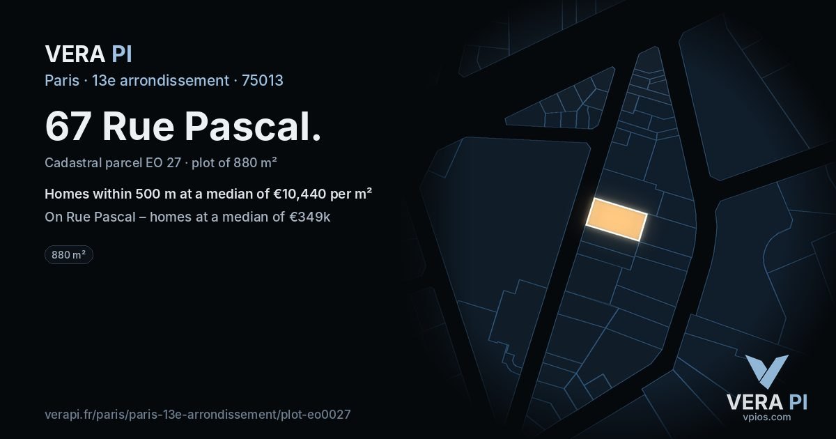 67 Rue Pascal, 13e arrondissement at night – the plot lit, the parcels around coloured by the prices near them