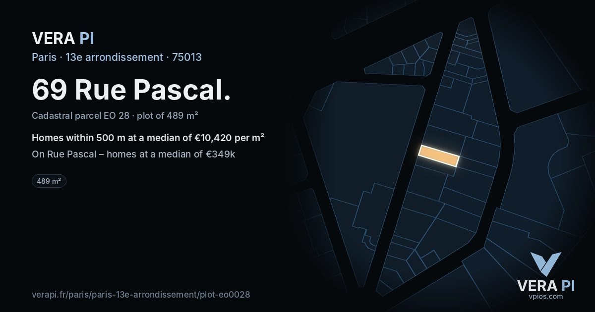 69 Rue Pascal, 13e arrondissement at night – the plot lit, the parcels around coloured by the prices near them