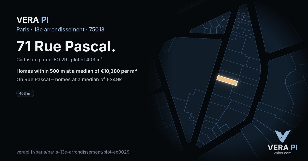 71 Rue Pascal, 13e arrondissement at night – the plot lit, the parcels around coloured by the prices near them