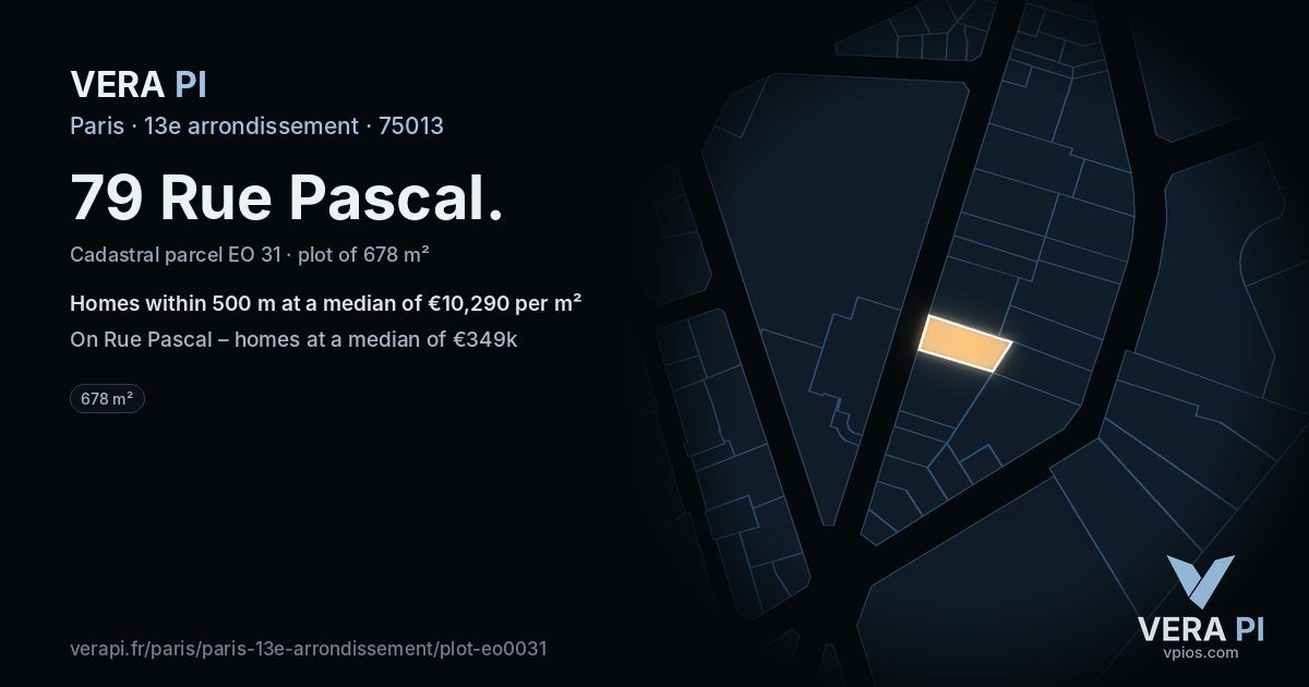 79 Rue Pascal, 13e arrondissement at night – the plot lit, the parcels around coloured by the prices near them