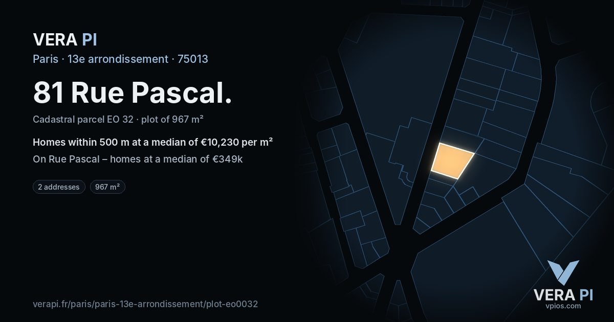 81 Rue Pascal, 13e arrondissement at night – the plot lit, the parcels around coloured by the prices near them