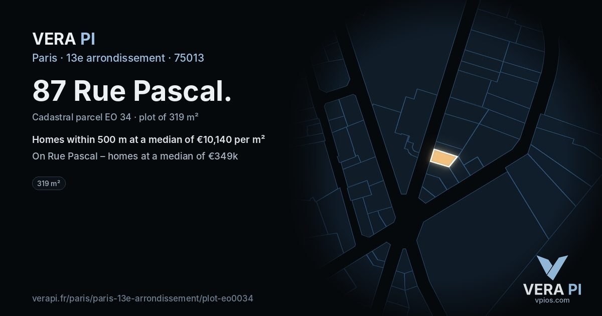 87 Rue Pascal, 13e arrondissement at night – the plot lit, the parcels around coloured by the prices near them