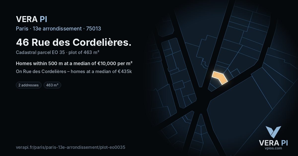 46 Rue des Cordelières, 13e arrondissement at night – the plot lit, the parcels around coloured by the prices near them