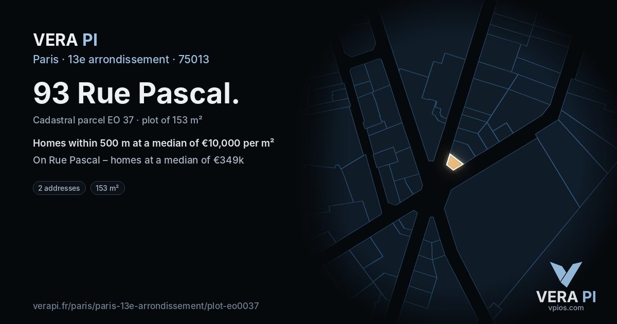 93 Rue Pascal, 13e arrondissement at night – the plot lit, the parcels around coloured by the prices near them
