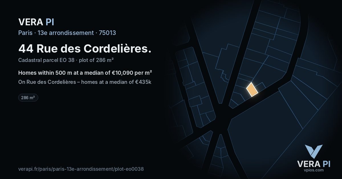 44 Rue des Cordelières, 13e arrondissement at night – the plot lit, the parcels around coloured by the prices near them