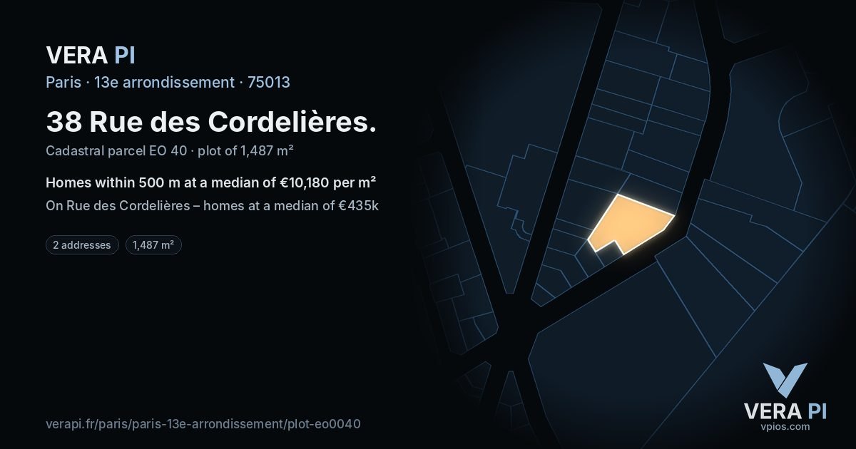 38 Rue des Cordelières, 13e arrondissement at night – the plot lit, the parcels around coloured by the prices near them
