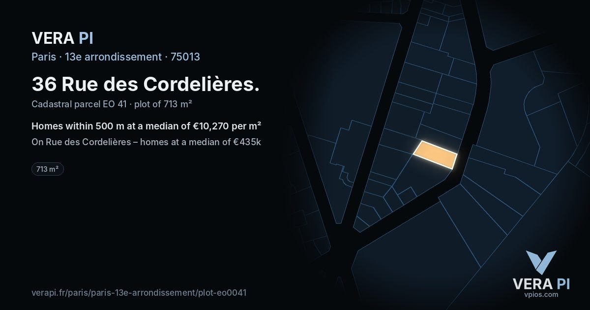 36 Rue des Cordelières, 13e arrondissement at night – the plot lit, the parcels around coloured by the prices near them