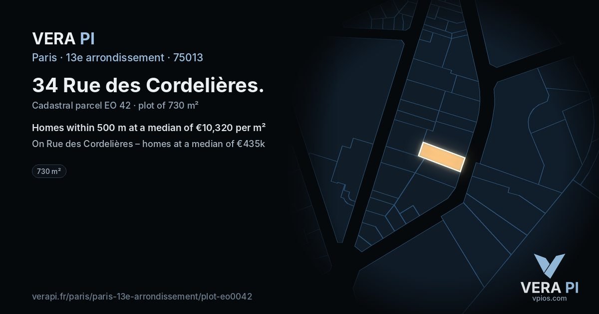 34 Rue des Cordelières, 13e arrondissement at night – the plot lit, the parcels around coloured by the prices near them