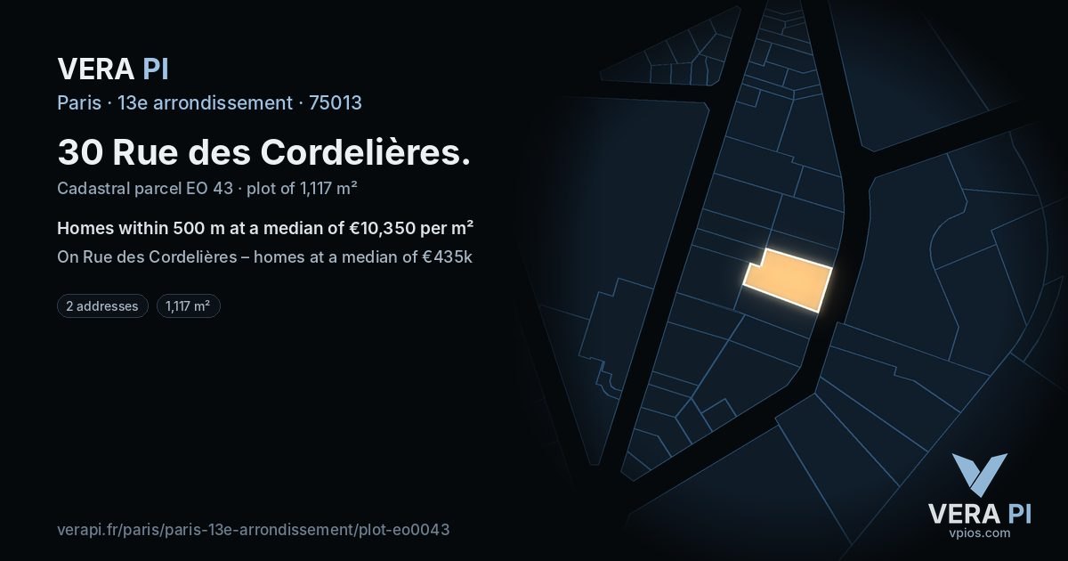 30 Rue des Cordelières, 13e arrondissement at night – the plot lit, the parcels around coloured by the prices near them