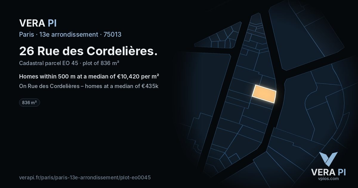 26 Rue des Cordelières, 13e arrondissement at night – the plot lit, the parcels around coloured by the prices near them