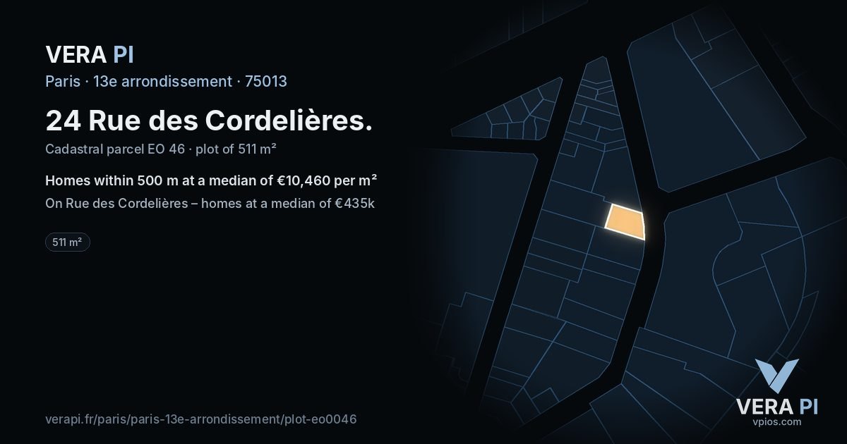 24 Rue des Cordelières, 13e arrondissement at night – the plot lit, the parcels around coloured by the prices near them