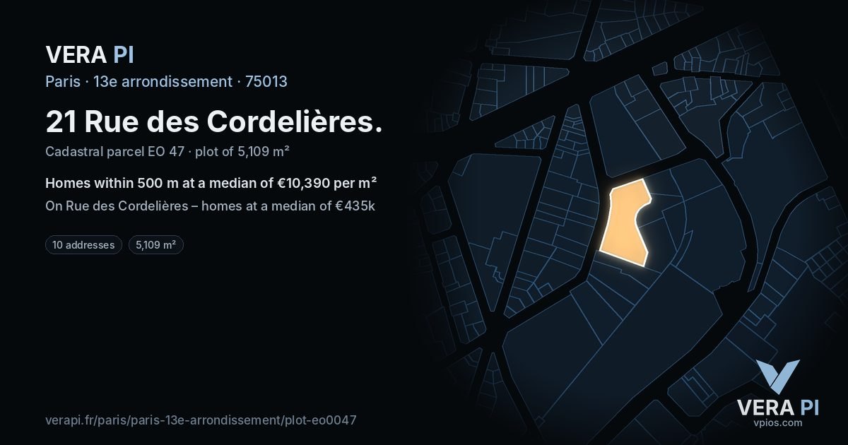 21 Rue des Cordelières, 13e arrondissement at night – the plot lit, the parcels around coloured by the prices near them