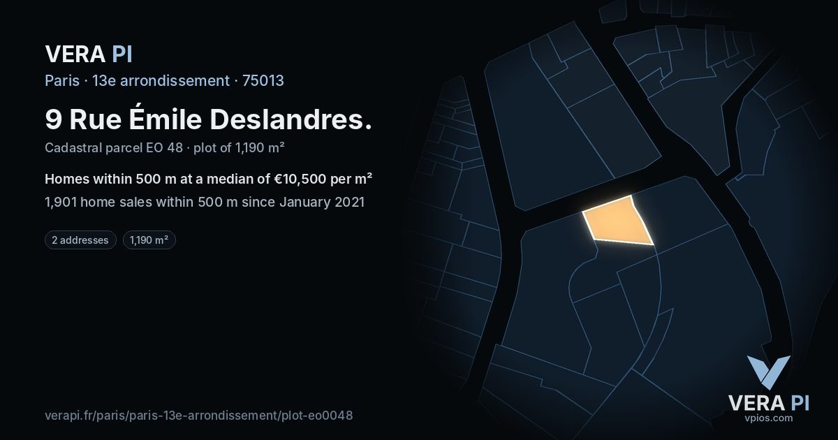 9 Rue Émile Deslandres, 13e arrondissement at night – the plot lit, the parcels around coloured by the prices near them