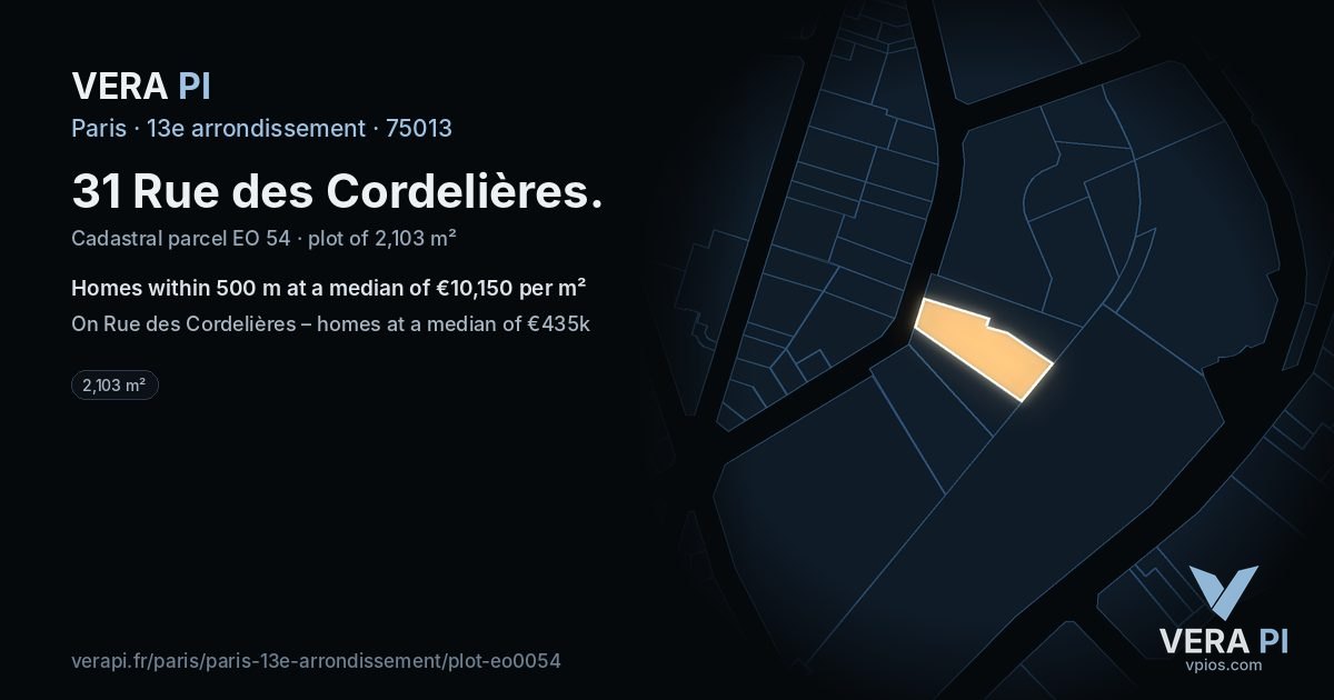 31 Rue des Cordelières, 13e arrondissement at night – the plot lit, the parcels around coloured by the prices near them