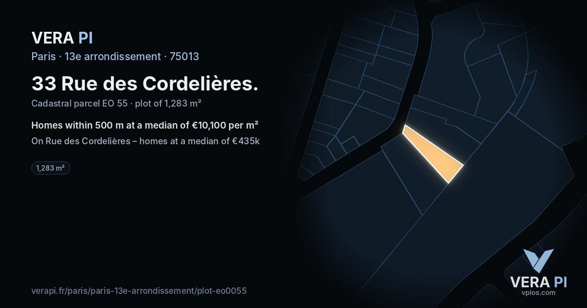 33 Rue des Cordelières, 13e arrondissement at night – the plot lit, the parcels around coloured by the prices near them