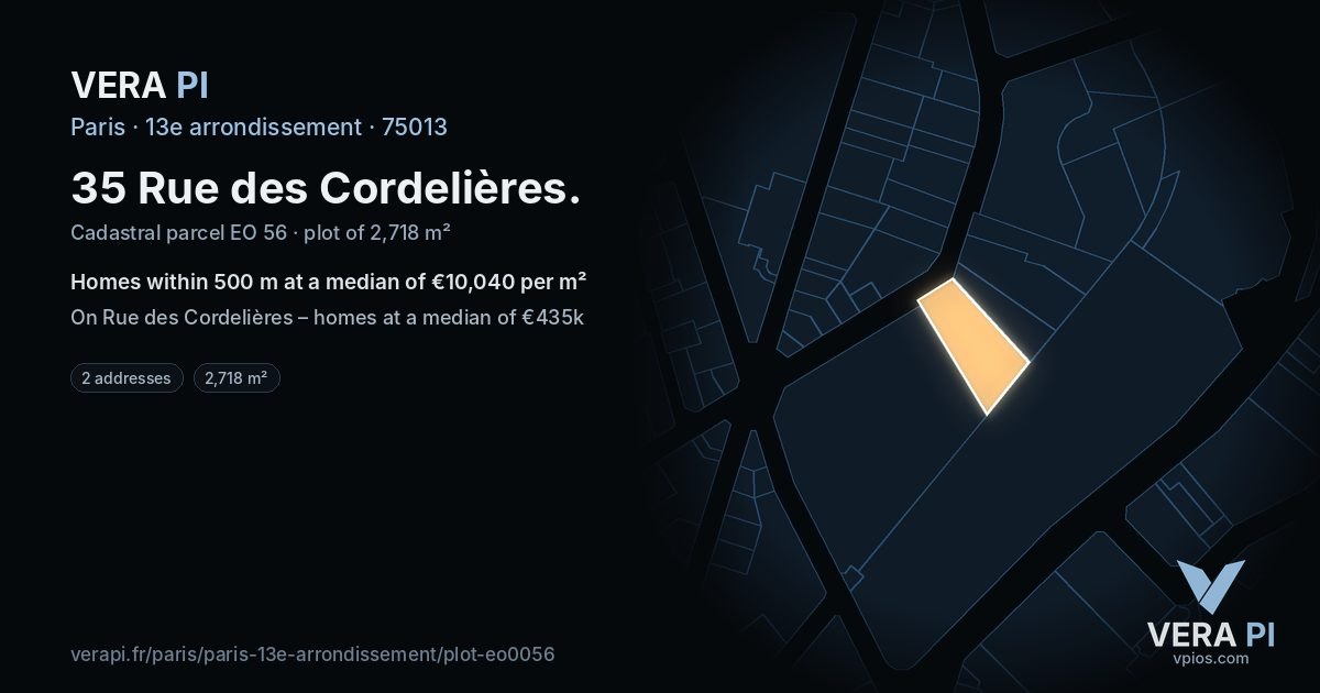 35 Rue des Cordelières, 13e arrondissement at night – the plot lit, the parcels around coloured by the prices near them